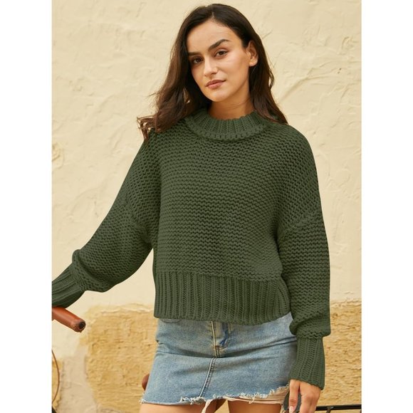 Women's Crewneck Chunky Knit Batwing Long Sleeve Loose Pullover Sweaters Tops - Picture 2 of 6